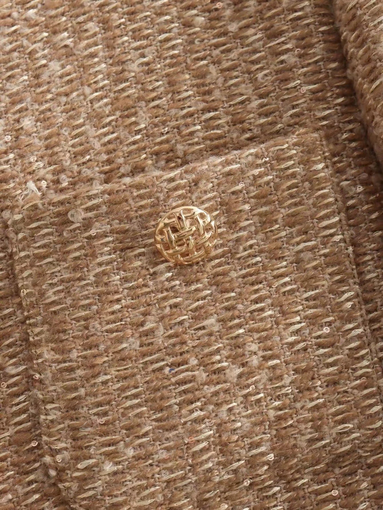 Dames Jas Boucle Stijlvol Goud Geheel Met Zakken
