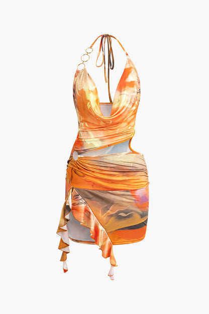 Kleurrijke Mini-jurk met Asymmetrische Hals en Leuke Print