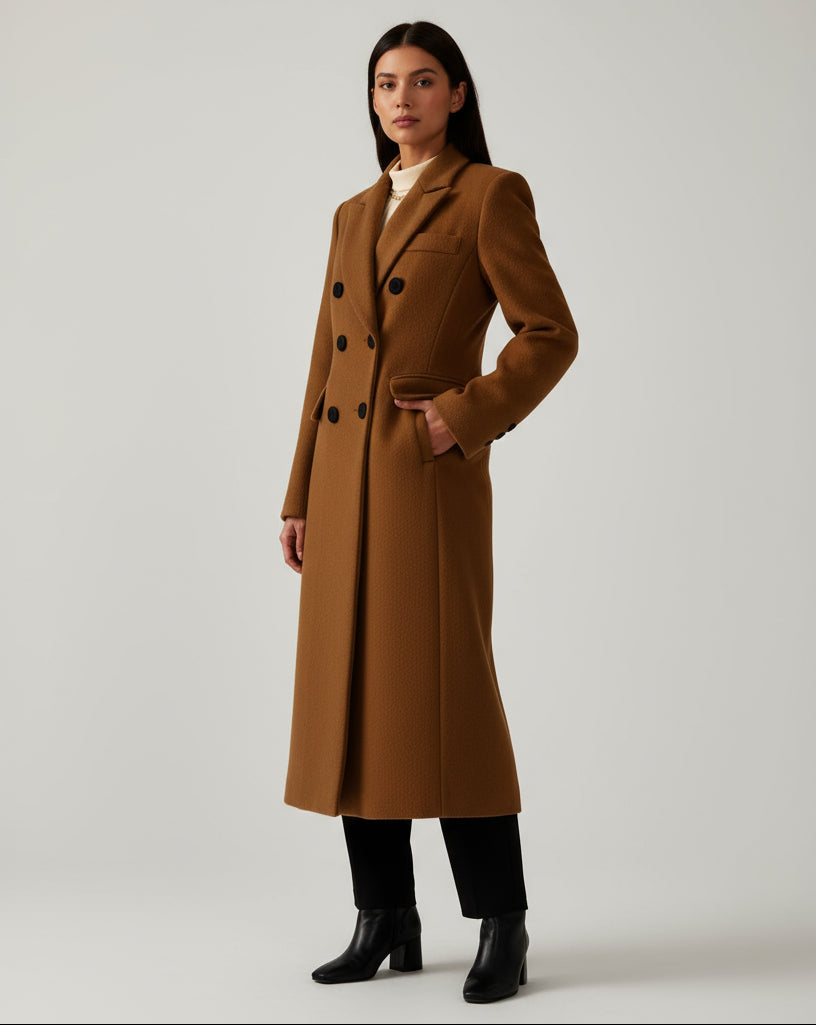 Wijnrode Mantel voor Dames Lange Dubbele Knopen Elegante Look