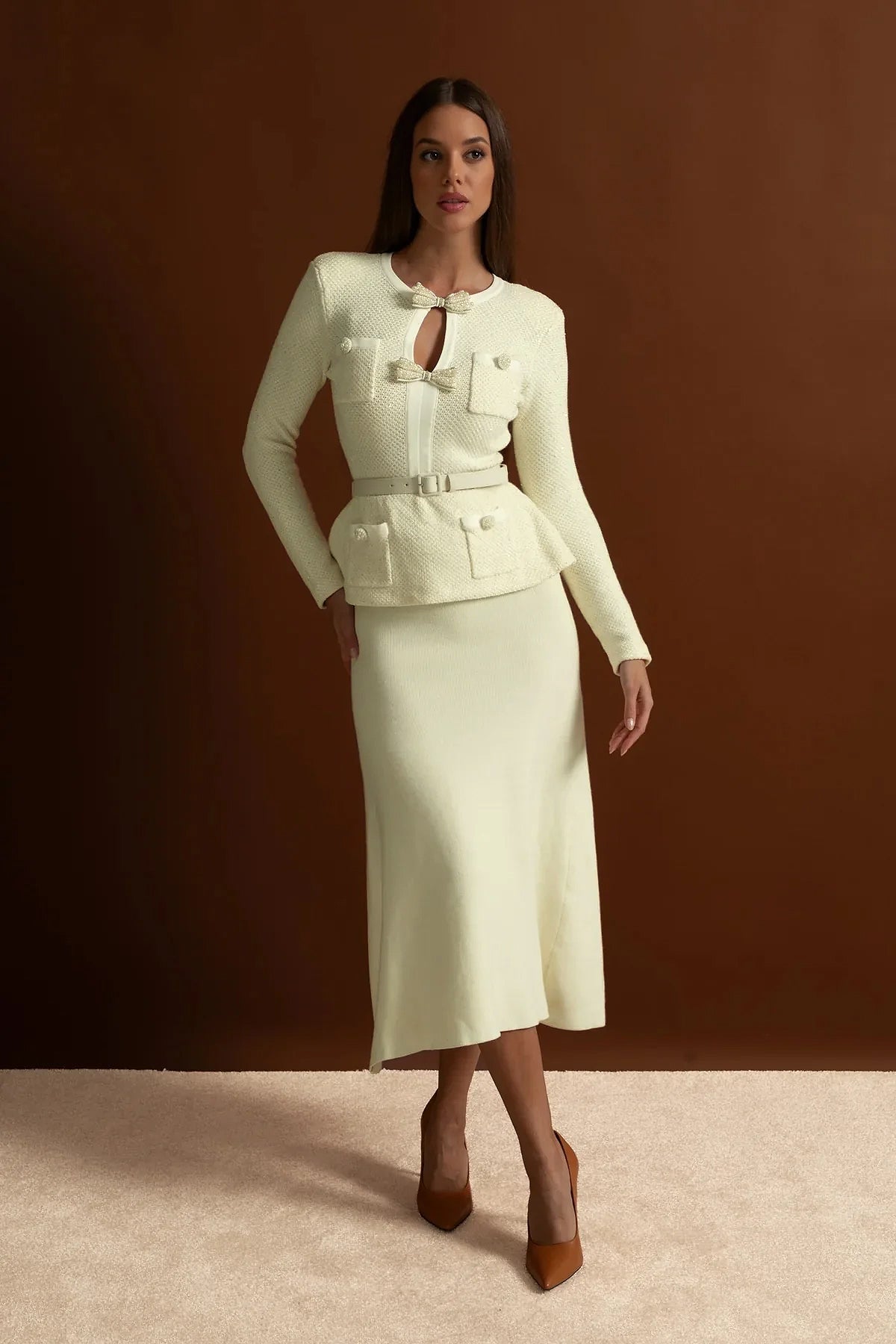 Gebreide Midi Jurk met Peplum Ivoorkleur
