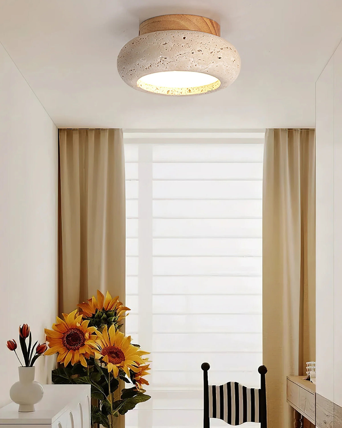Plafondlamp acryl natuurtinten walnoot beige woonkamer slaapkamer gang warm licht diffuus elegant Scandinavisch design modern minimalisme interieur verlichting