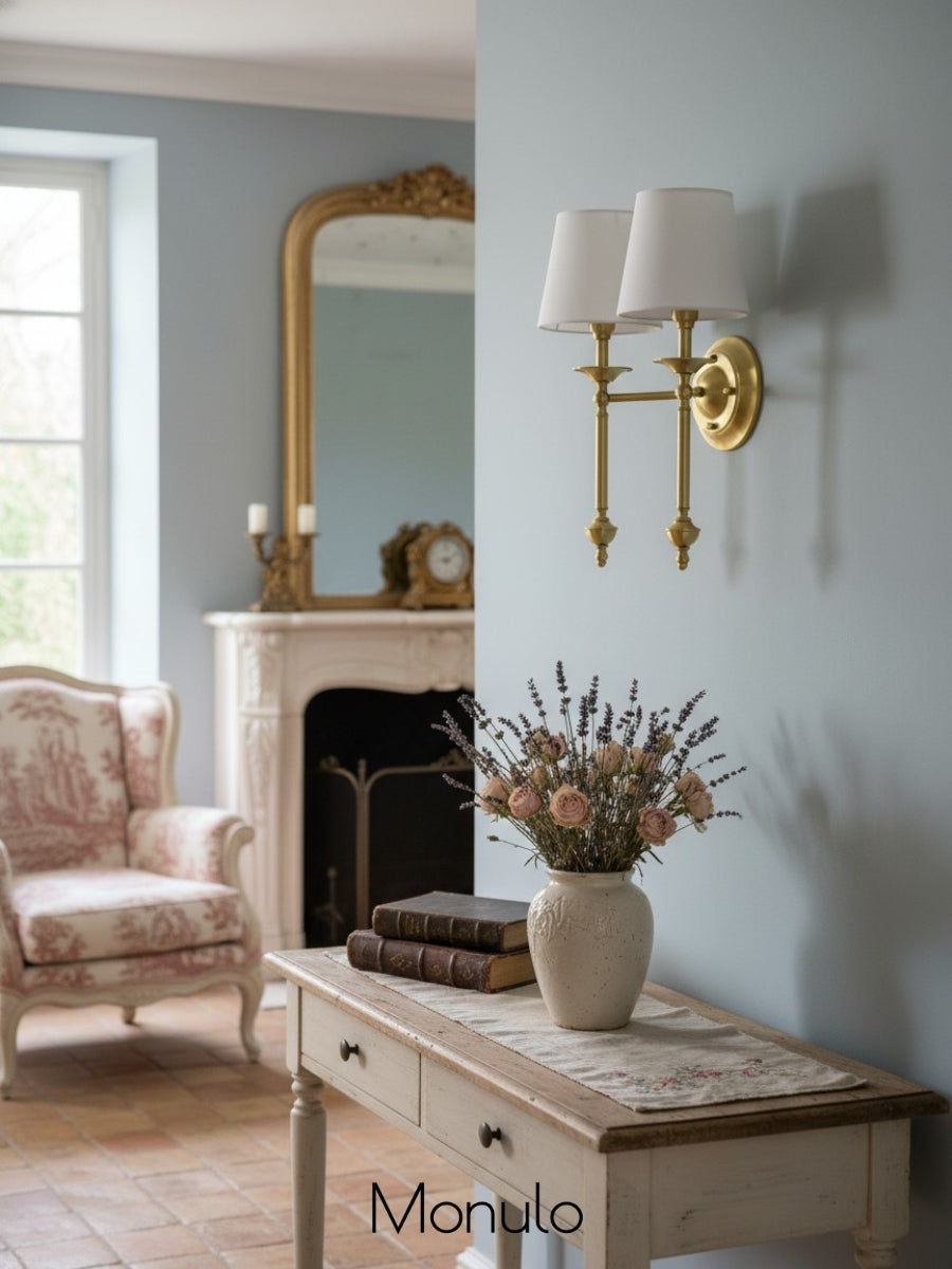Stoffen Wandlamp met Vintage Koperen Afwerking – Sfeervolle Verlichting voor Hal, Slaapkamer en Woonkamer