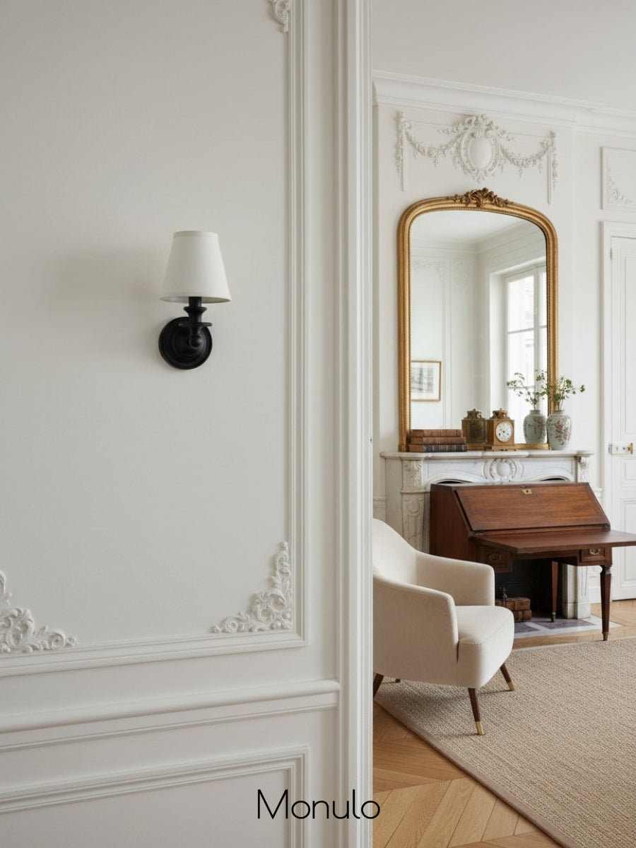 Wandlamp met stoffen kap en zwanenhalsarm – smeedijzeren armatuur met verstelbare leeslamp