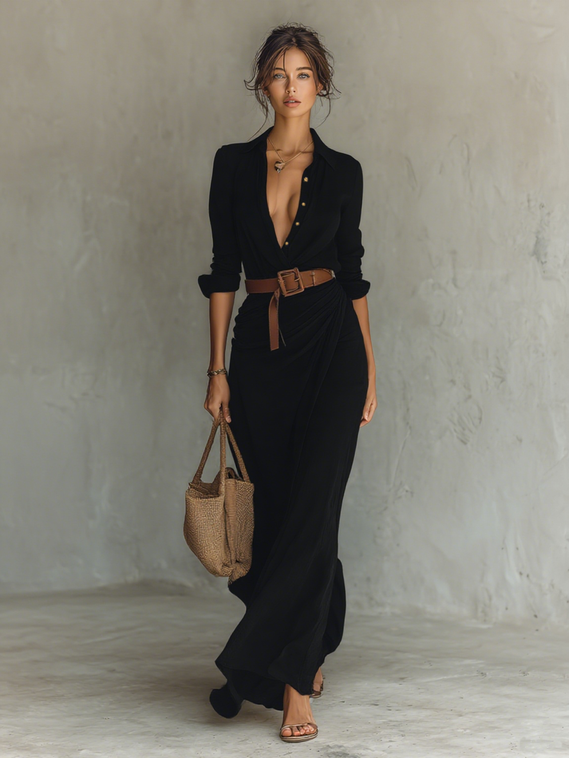 Dames Maxi-jurk Met Reverskraag Lange Mouwen
