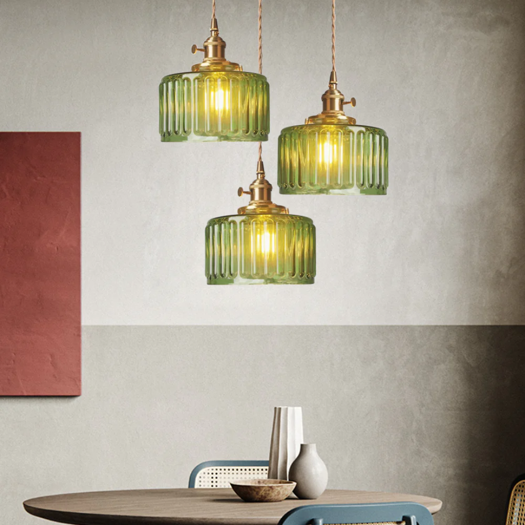 Quilivon Hanglamp Glas Messing Groen E27 Keuken Eettafel Retro Verlichting Geribbeld Glas Design