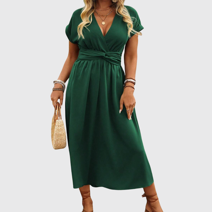 Midi Jurk Luchtige V-hals Zomerse Groene Kleur - StudioMarella