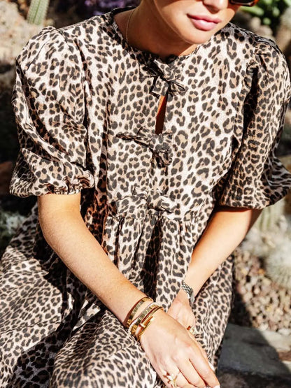 Dames Jurk Luipaardprint Kort Model met Puffmouwen