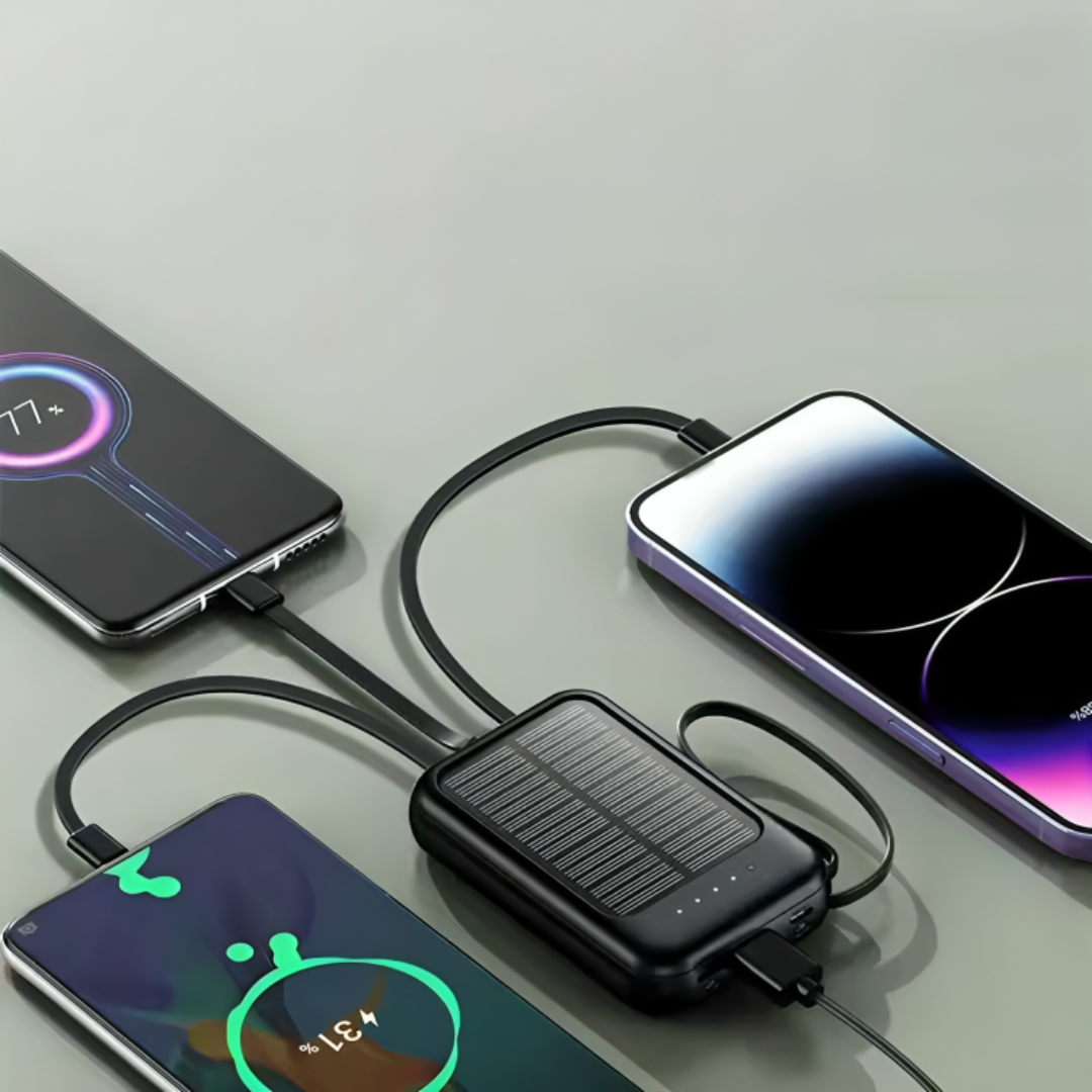 Oplaadbare Powerbank 20000mAh met Zonnepaneel, LED-Zaklamp en Ingebouwde Kabels – Draagbare Noodaccu met Dubbele USB- en Type-C-Aansluiting voor Smartphone en Tablet