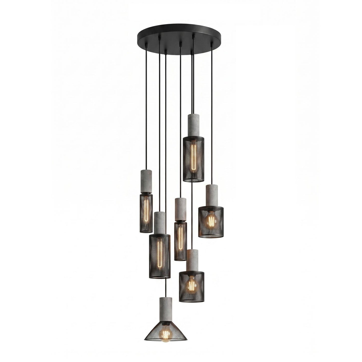 Industriële Hanglamp met Cement & Zwart Mesh — 6 Vormen