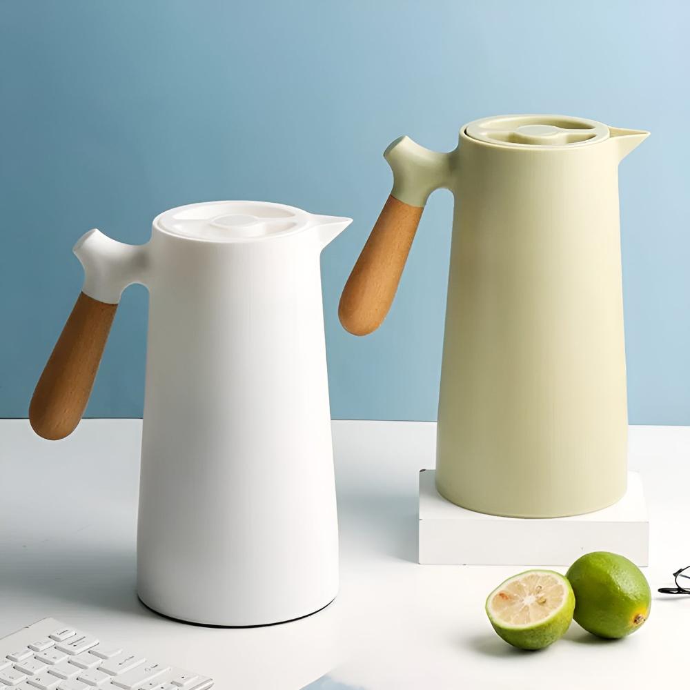 Thermoskan 1L RVS Houten Handvat Beige Keuken Koffie Thee Geïsoleerde Karaf Dubbelwandig Lekvrij Design Karaf Scandinavisch