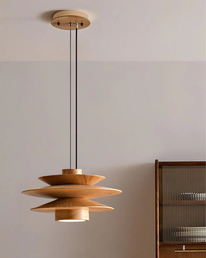 Moderne walnoot houten hanglamp met gelaagd design – stijlvolle plafondlamp voor eetkamer en woonkamer met warme lichtverspreiding