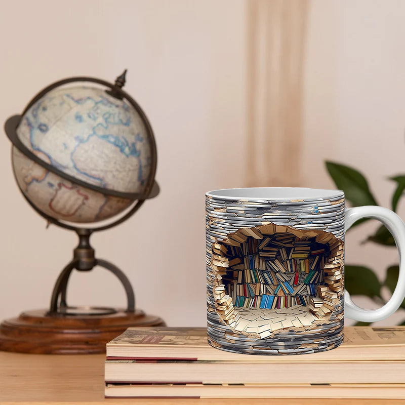 Keramische Mok met 3D-Boekenplankdesign – Gezellige Mokken voor Boekenliefhebbers