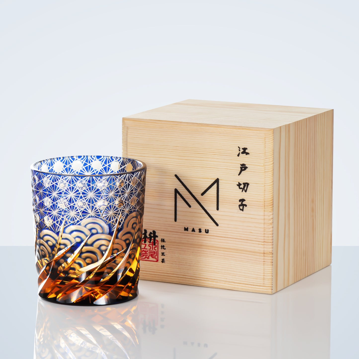 Whiskeyglas Edo Kiriko Blauw Amber Handgemaakt Sterchysant Sterrenzee Japans Kristal