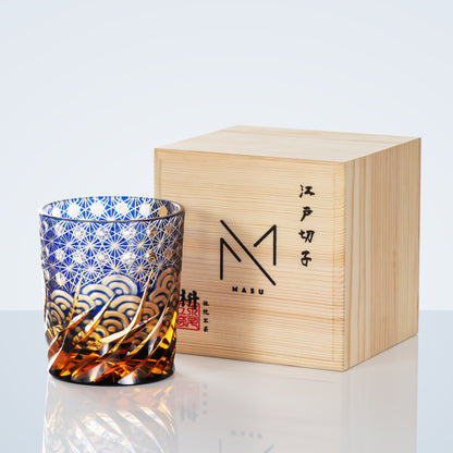 Whiskeyglas Edo Kiriko Blauw Amber Handgemaakt Sterchysant Sterrenzee Japans Kristal