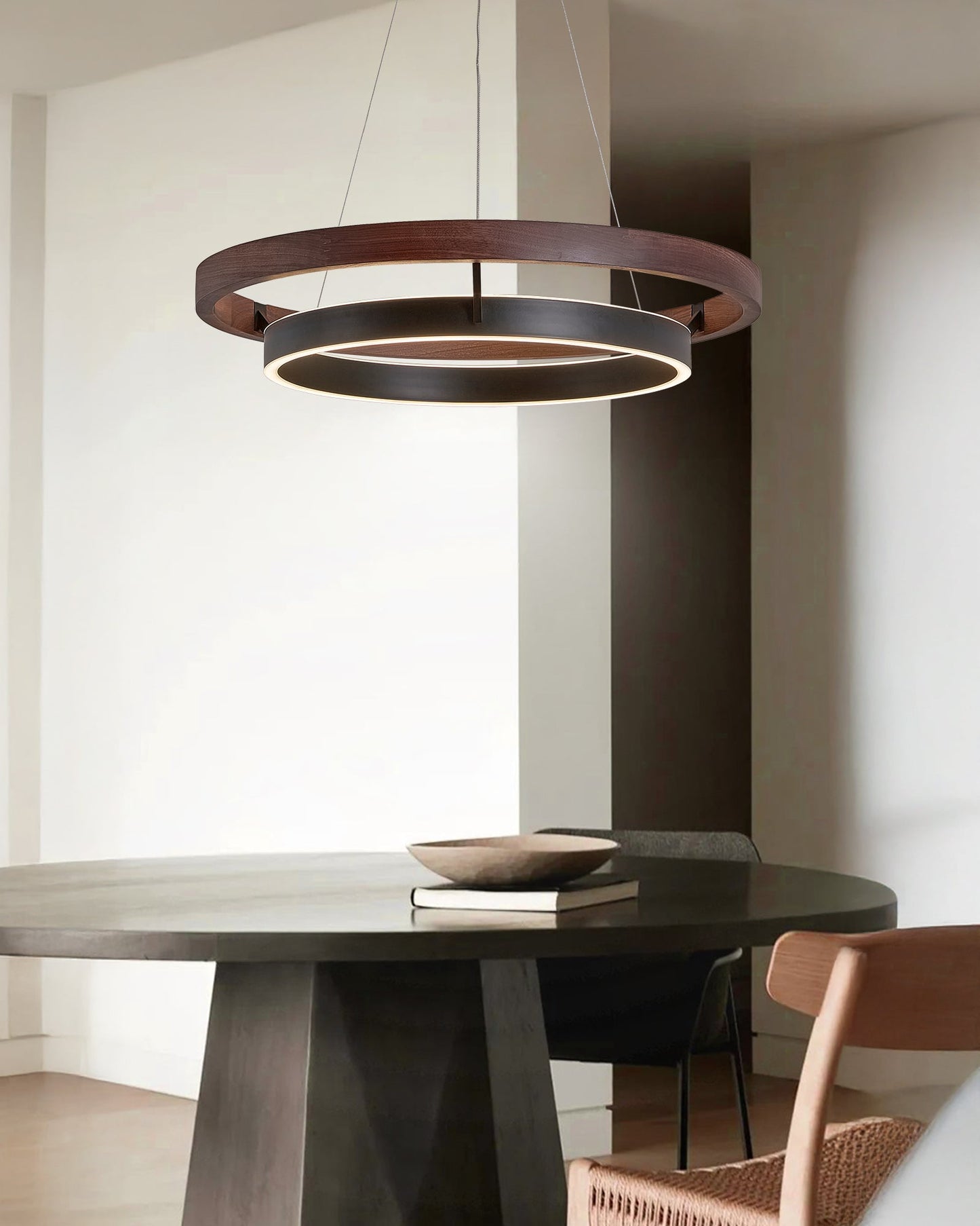 Houten Ringkroonluchter LED Ingebouwd Warm Wit Dimbaar Eetkamer Woonkamer Plafondlamp Modern Farmhouse