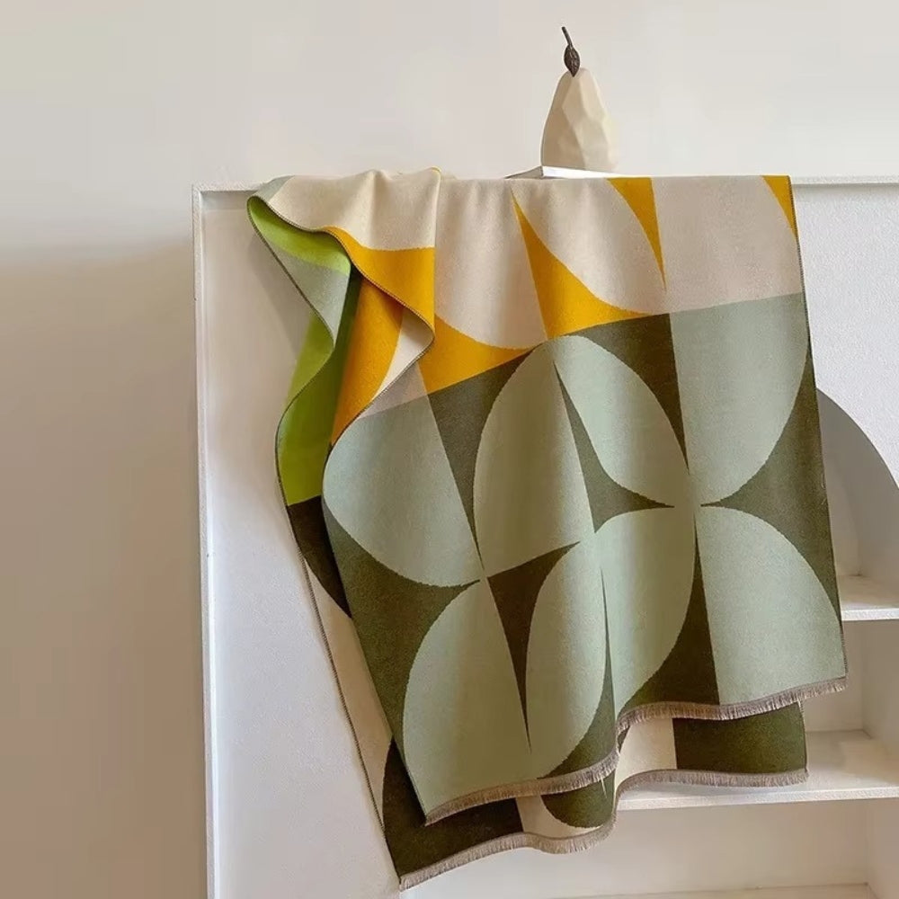 Omkeerbare Sjaal met Geometrisch Blokdesign Warm Zachte Microvezel Poncho voor Herfst en Winter