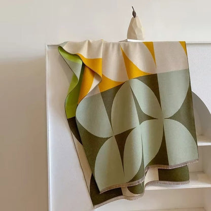 Omkeerbare Sjaal met Geometrisch Blokdesign Warm Zachte Microvezel Poncho voor Herfst en Winter