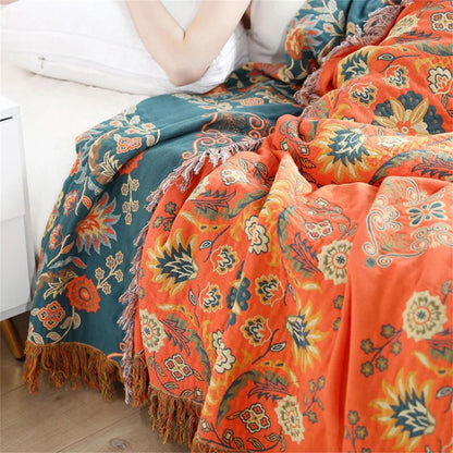 Omkeerbare Katoenen Plaid Marigold – Zachte Deken met Bloemenpatroon Oranje Turquoise – Vintage Landelijke Stijl voor Bank Picknick Bed