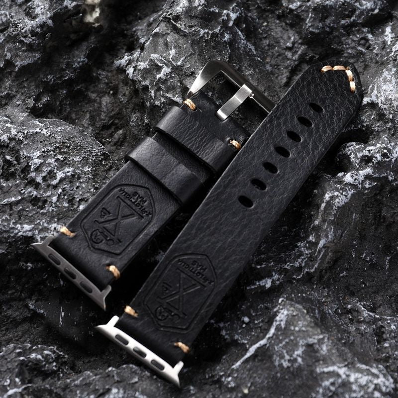 Vintage Leren Horlogeband voor Apple Watch met Handgestikte Naden en Volledig Narfleder Afwerking | Verstelbare Bandje 40-49mm voor Authentieke Retro Look Patina Ontwikkeling