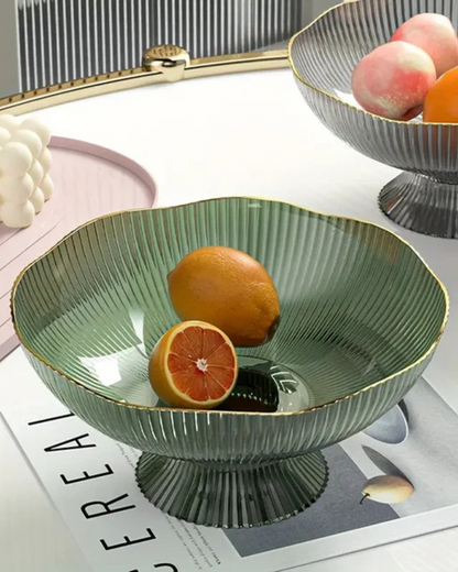 Fruitschaal op Voet met Goudrand Geribbeld Keramiek Transparant Groen Grijs voor Tafelcenterpiece Interieur