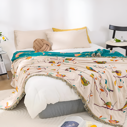 Katoenen Plaid met Vogelmotief en Kwastjes – Vintage Boho Stijl Deken voor Bank, Bed of Picknick