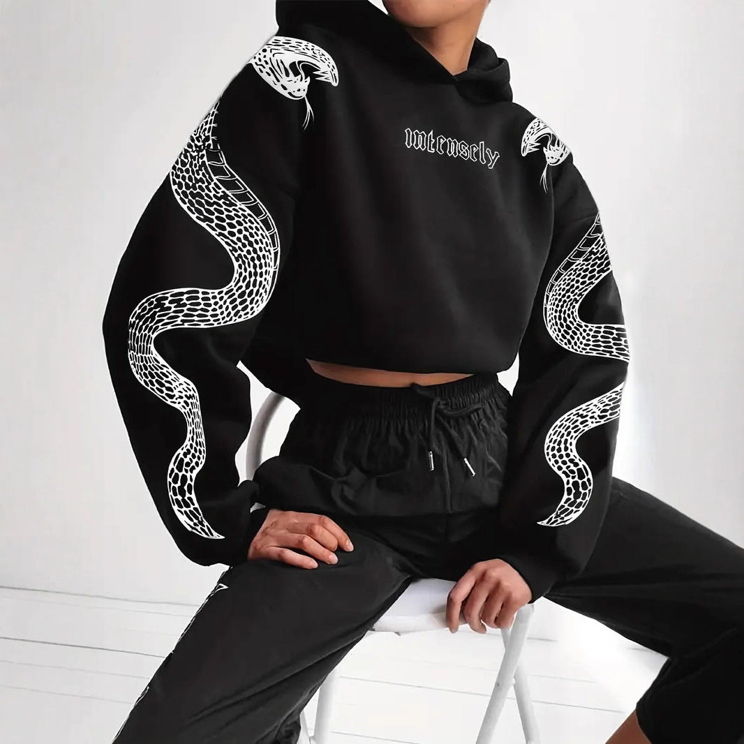 Dames Hoodie Kort Slangen Print Casual Mode