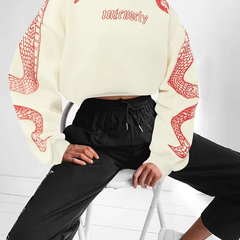 Dames Hoodie Kort Slangen Print Casual Mode