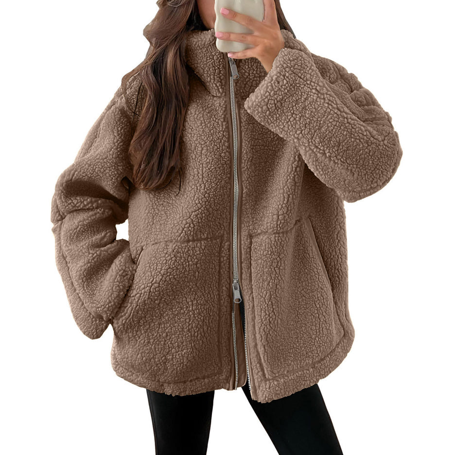 Dames Fleece Jas Warm met Hoge Kraag en Zakken Zwart