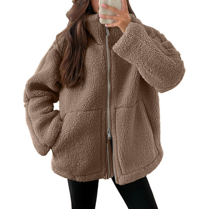 Dames Fleece Jas Warm met Hoge Kraag en Zakken Zwart