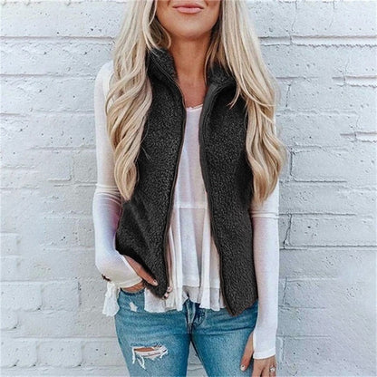 Dames Teddyjas Fleece Bodywarmer met Rits en Opstaande Kraag