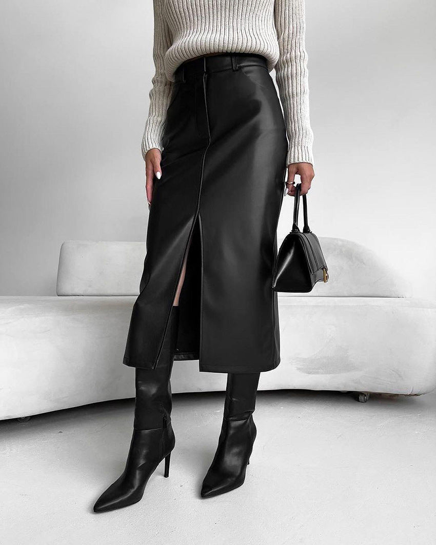 Hoge Taille Maxi Rok Zwart Vegan Leerlook - StudioMarella