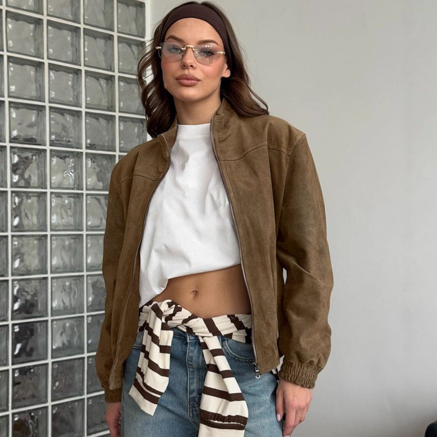 Dames Bomberjas Faux Suede Vintage Stijl met Opstaande Kraag - StudioMarella
