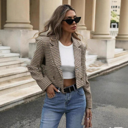 Dames Blazer Geruit Jacket Kort Model Stijlvol