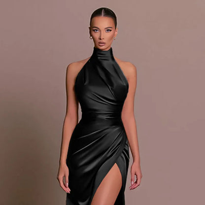 Luxe Halterjurk Bruiloftsgast met Split en Lange Mouwen