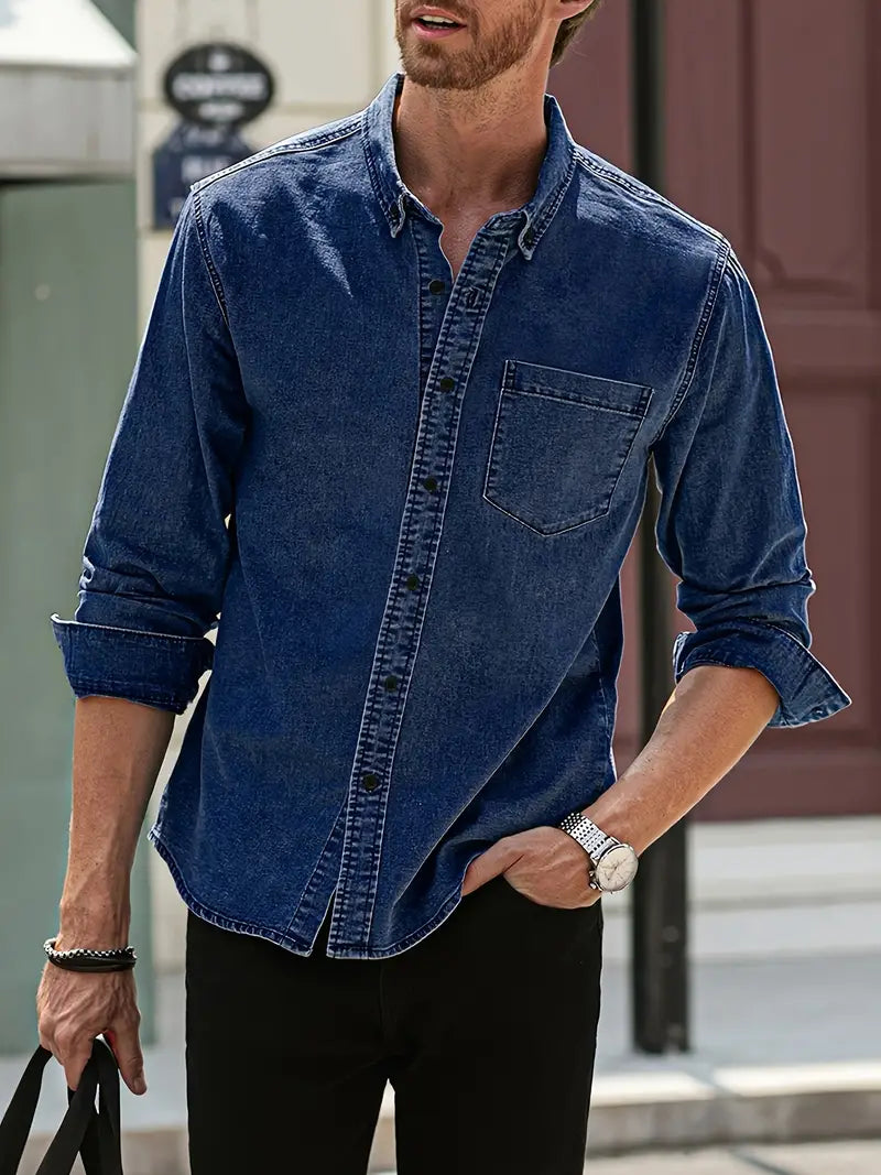 Klassieke Blauwe Denim Shirt Lange Mouwen Casual Stijl