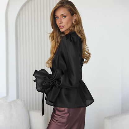 Dames Blouse Wijde Mouwen met Strikceintuur Elegante Look