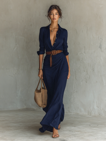 Dames Maxi-jurk Met Reverskraag Lange Mouwen