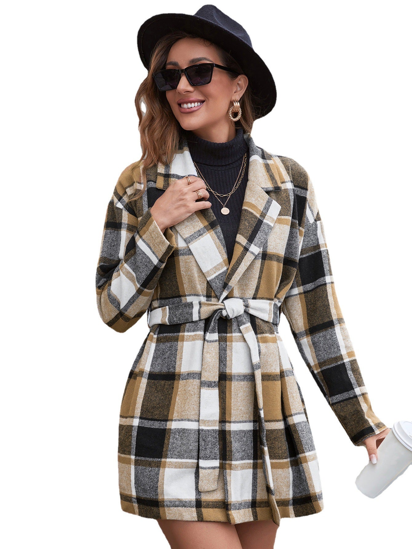 Dames Jas Geruit met Ceintuur Trendy Stijl