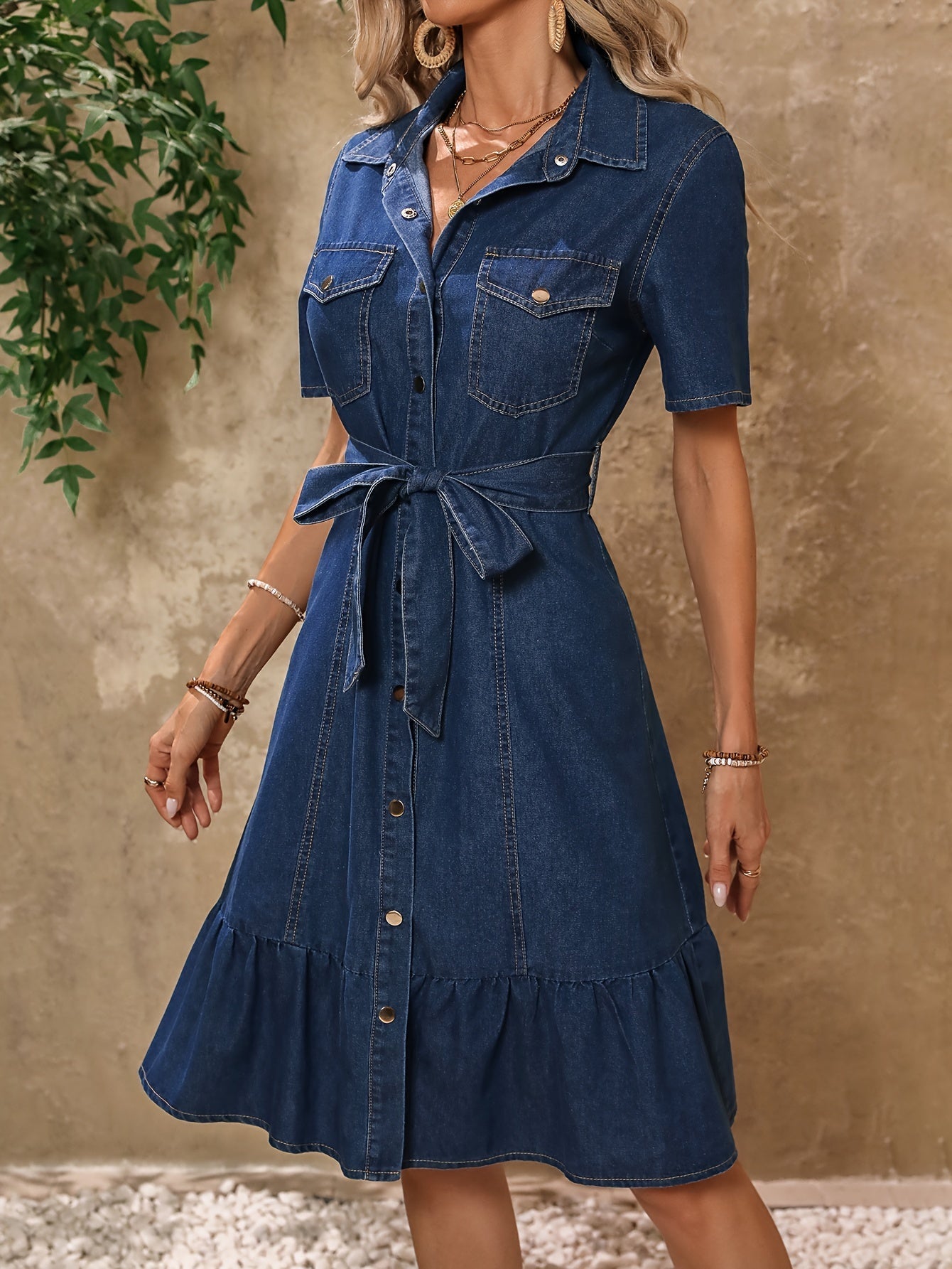 Blauwe Jeans Jurk voor Vrouw met Riem en Korte Mouw