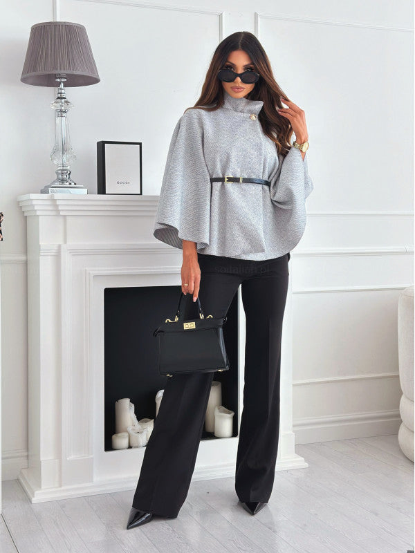Leren Batwing Jas met Riem en Brede Mouwen
