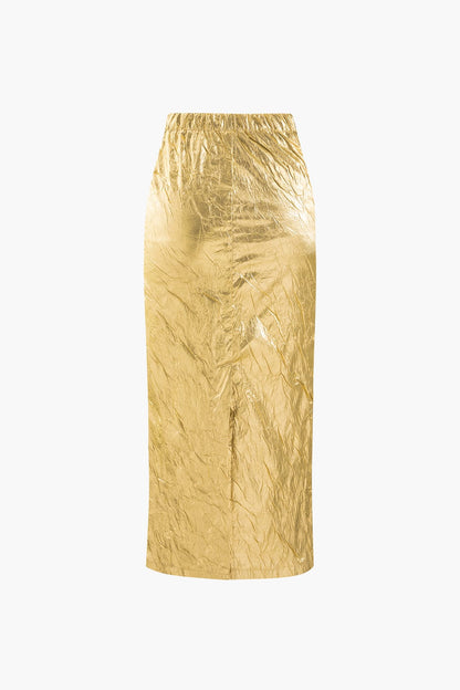 Metalen Midirok Elastische Taille met Crinkle Effect
