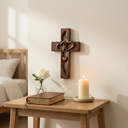 Hartvormig Kruis Wanddecoratie Hout – Handgemaakte Religieuze Wandversiering met Vervlochten Harten – Geloof & Liefde Symbool voor Entree Slaapkamer Woonkamer