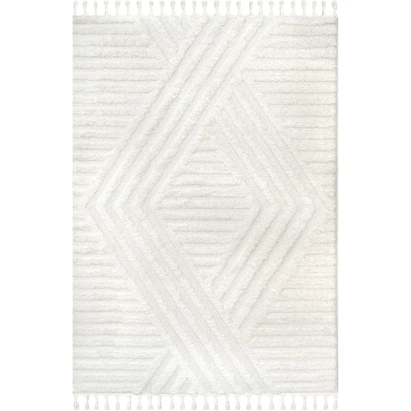 Japandi Vloerkleed Hoogpolig Geometrisch Franjes Creme Polypropeen Woonkamer Slaapkamer