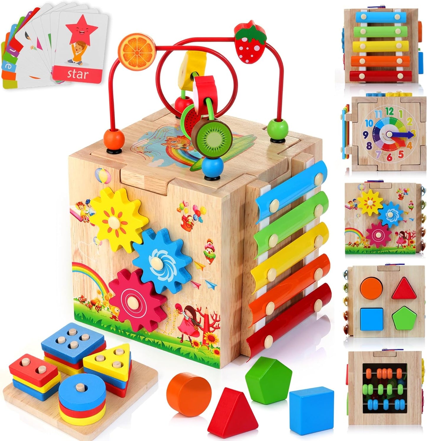 8-in-1 Houten Activiteitenkubus voor Peuters – Montessori Ontdekkubus met Xylofoon & Kralenframe