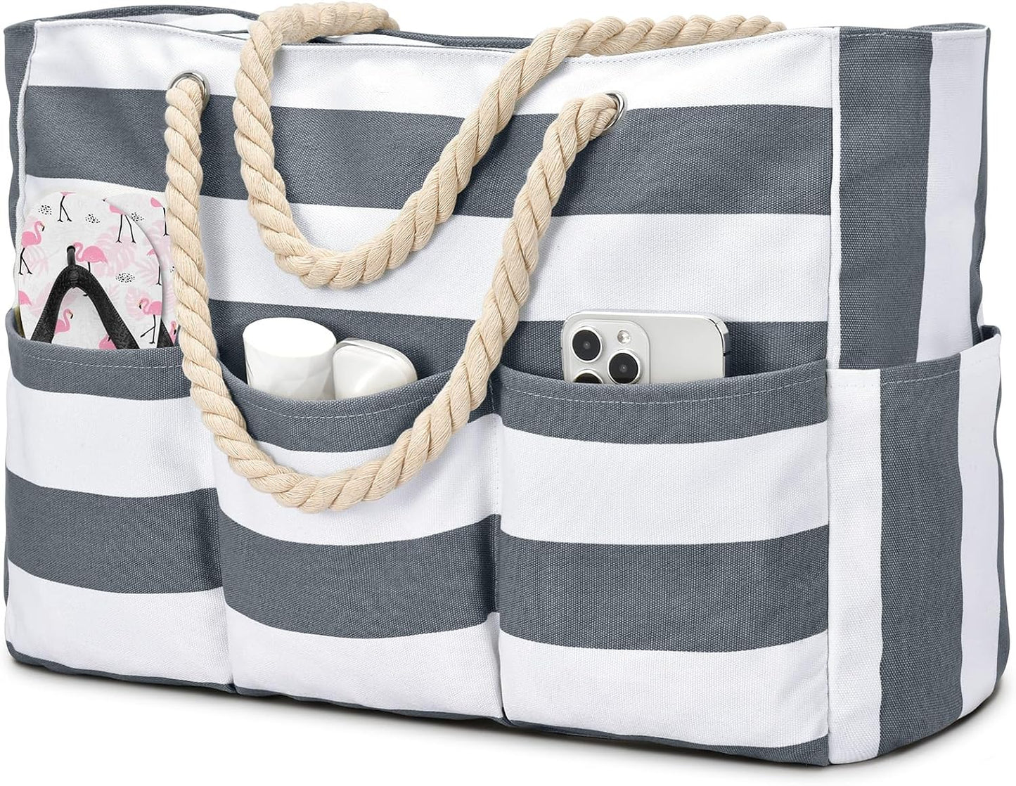 Strandtas XXL Canvas met Rits Waterdicht 7 Vakken Zandvrij Zwembadtas Reistas Shopper Schoudertas voor Vakantie