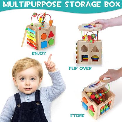 8-in-1 Houten Activiteitenkubus voor Peuters – Montessori Ontdekkubus met Xylofoon & Kralenframe