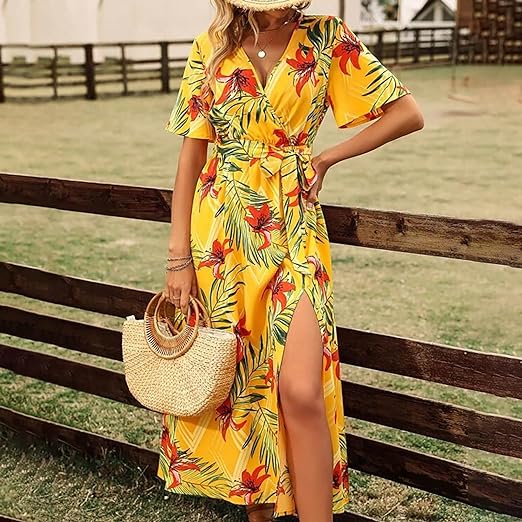 Vrouwelijke Jurk Hoge Taille met Ceintuur Tropisch Bloemenprint