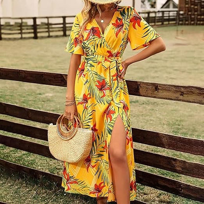 Vrouwelijke Jurk Hoge Taille met Ceintuur Tropisch Bloemenprint