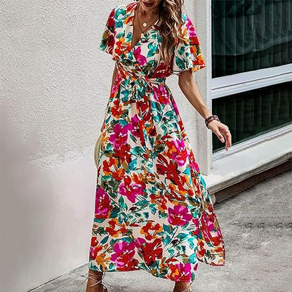 Vrouwelijke Jurk Hoge Taille met Ceintuur Tropisch Bloemenprint