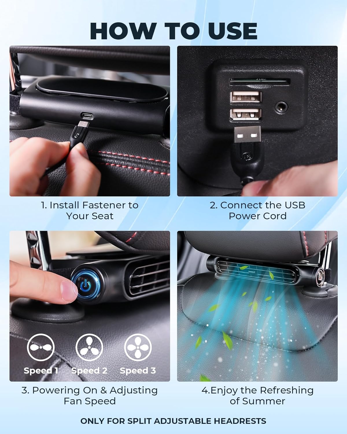 USB-Autoventilator voor Hoofdsteun 3 Snelheden Verstelbaar voor Voor- en Achterpassagiers Bladeloos Veilig Stil Compact
